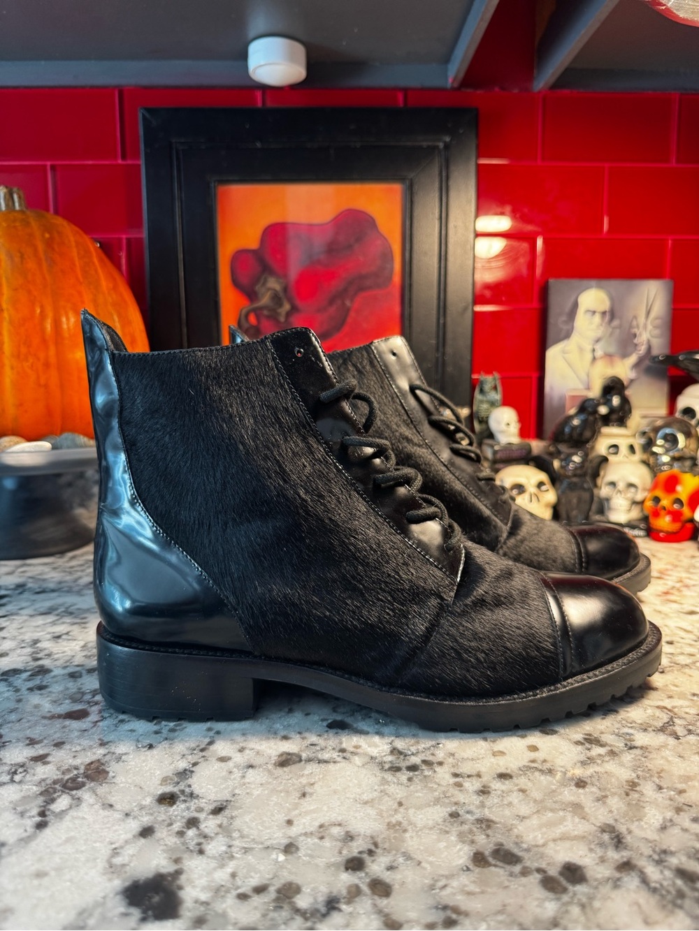 DKNY Black Calf Hair Lace-Up Unisex Ankle Boots